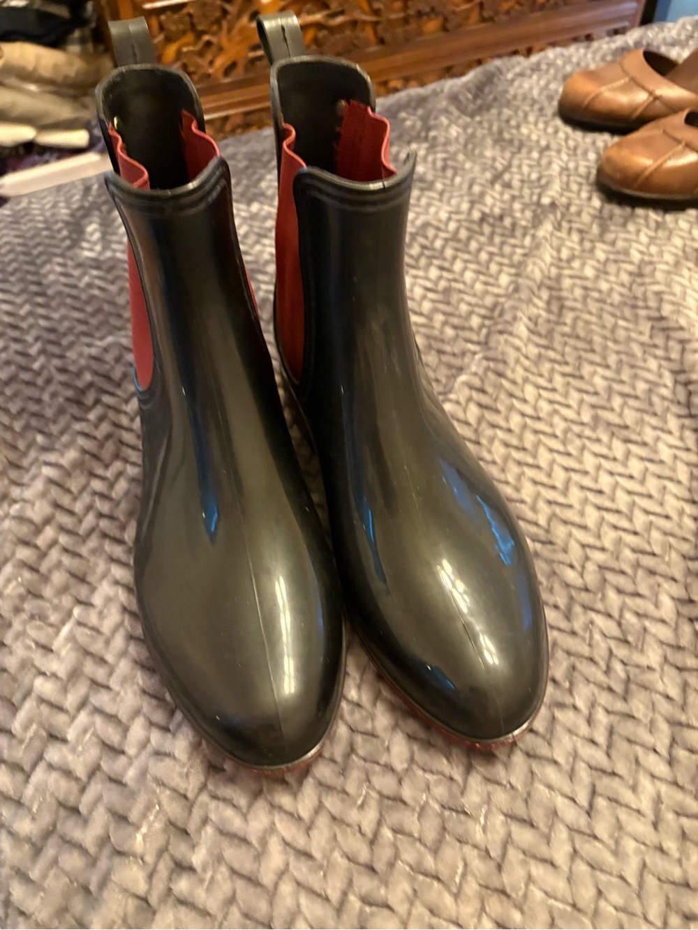 Zara Black Chelsea Rain Ankle Boots with Red Panels